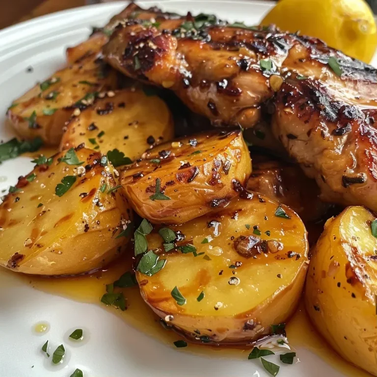 ['Frango assado com batatas douradas em um prato.', 'Close de frango suculento com pedaços de batata assada.', 'Coxas de frango e batatas assadas apresentadas em um ângulo lateral.', 'Prato de frango com batatas assadas, bem temperado e apetitoso.']