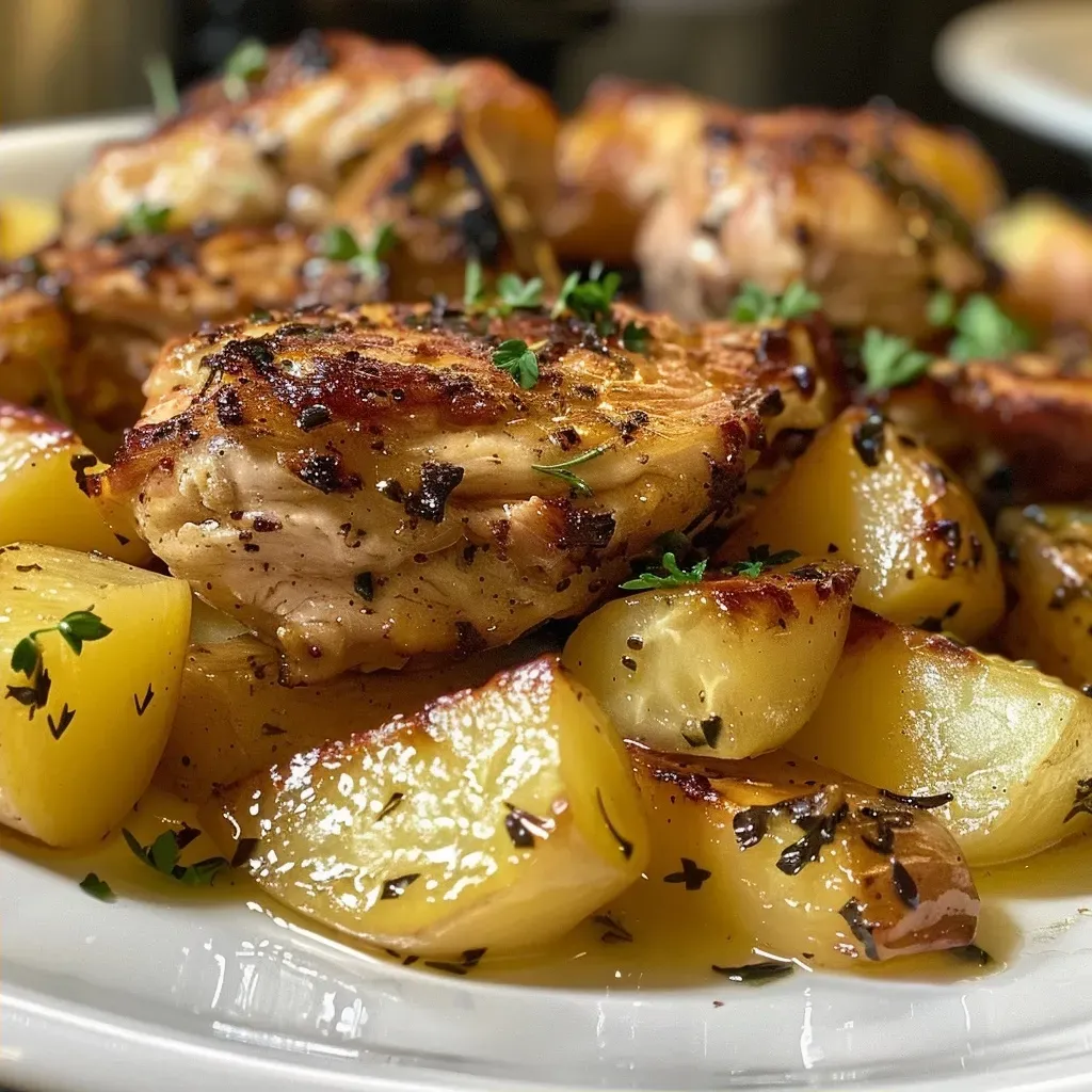 ['Frango assado com batatas douradas em um prato.', 'Close de frango suculento com pedaços de batata assada.', 'Coxas de frango e batatas assadas apresentadas em um ângulo lateral.', 'Prato de frango com batatas assadas, bem temperado e apetitoso.']