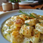 ['Gnocchi de batata-doce coberto com molho de gorgonzola e nozes.', 'Prato de gnocchi de batata-doce com creme de gorgonzola e decoração de nozes.', 'Porção de gnocchi de batata-doce com molho de gorgonzola, vista lateral.', 'Gnocchi de batata-doce servido com molho de gorgonzola e nozes picadas.']