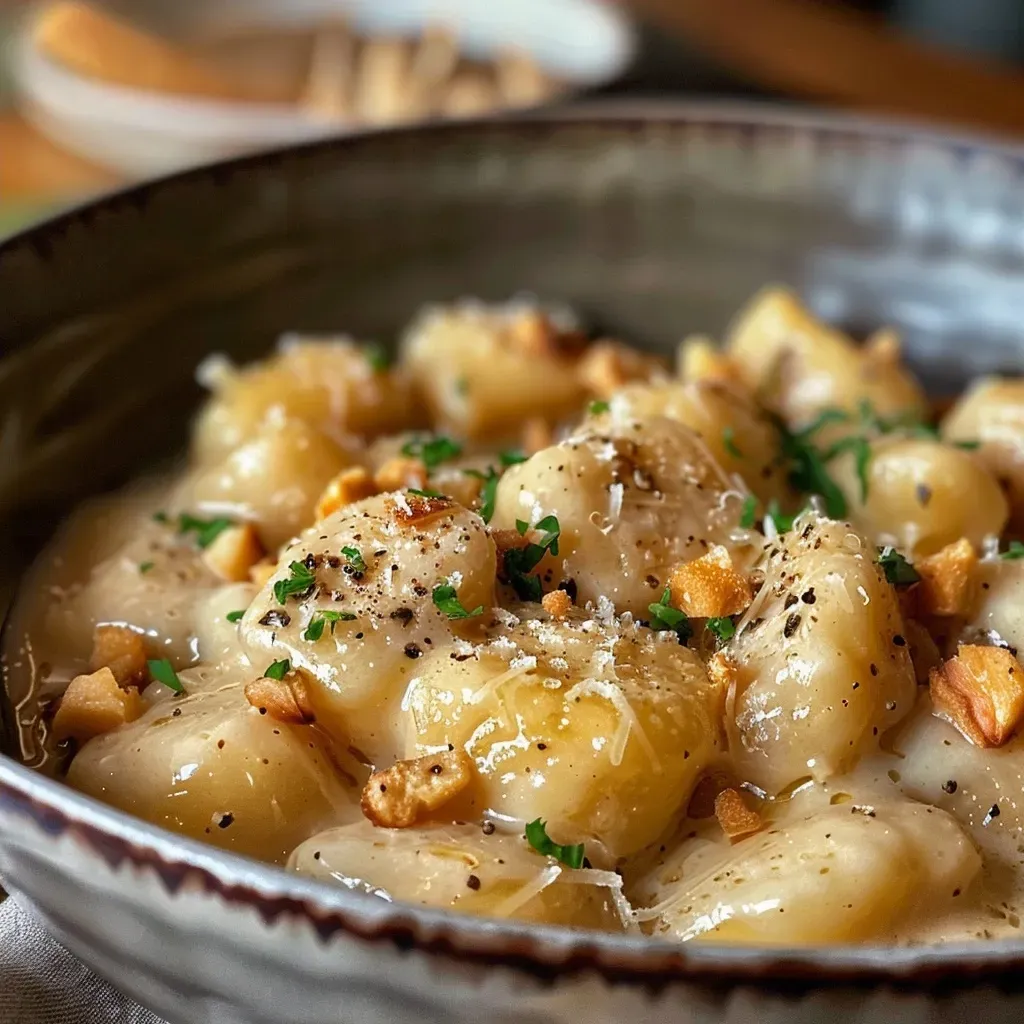 Gnocchi de batata-doce coberto com molho de gorgonzola e nozes.
