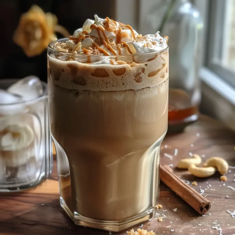 ['Latte de caramelo salgado com caju em um copo transparente.', 'Close-up de um latte cremoso com caramelo salgado e caju.', 'Bebida gelada de latte com cobertura de caramelo e pedaços de caju.', 'Latte de caramelo salgado decorado com creme de coco e caju picado.']