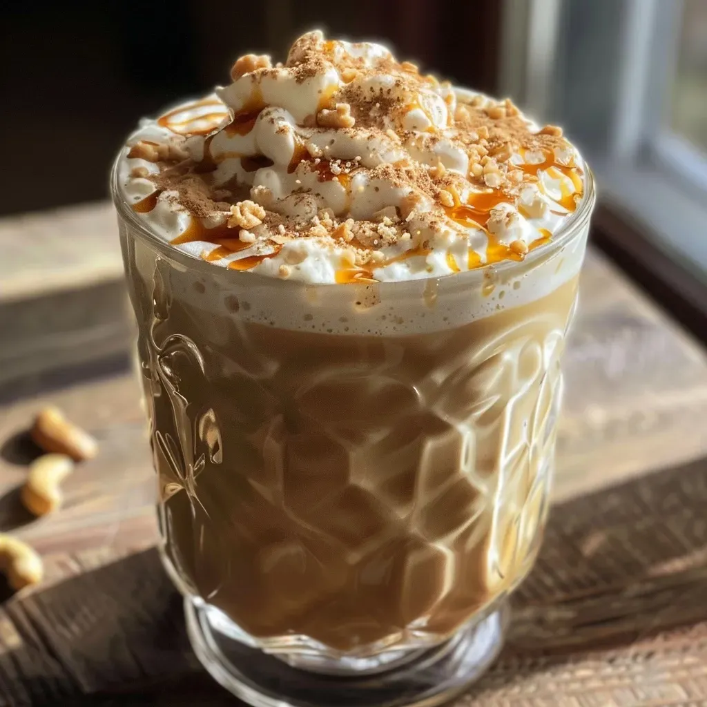 Latte de caramelo salgado com caju em um copo transparente.