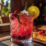 ['Close-up de um mocktail de cranberry e limão com cubos de gelo.', 'Mocktail refrescante de cranberry e limão em um copo com fatias de limão.', 'Bebida não alcoólica de cranberry e limão em um copo transparente.', 'Imagem lateral de um mocktail de cranberry decorado com limão.']
