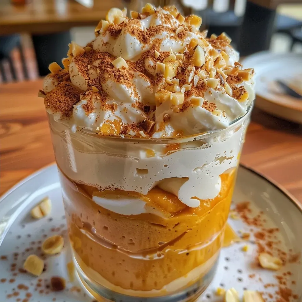 ['Mousse de abóbora com laranja cristalizada e solo de avelã.', 'Close-up de mousse de abóbora decorada com laranja e avelãs.', 'Mousse de abóbora em taça, com enfeites de laranja e avelãs.', 'Sobremesa de mousse de abóbora com textura cremosa e coberturas.']