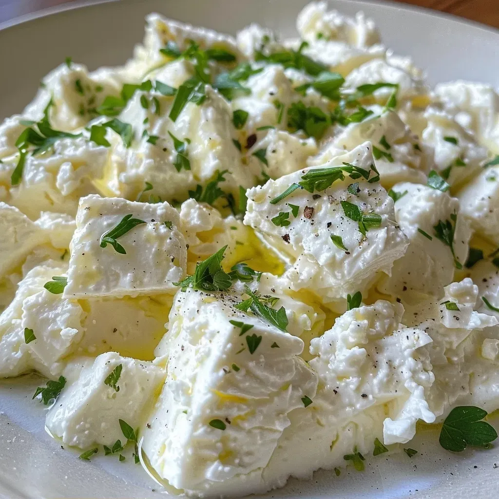 Mousse de Feta em uma tigela com textura cremosa.
