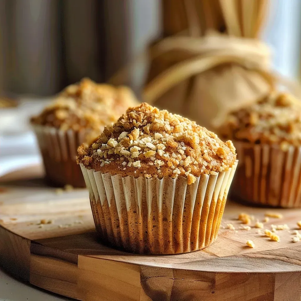 ['Muffins de aveia e maçã vistos de lado, com textura suculenta.', 'Close-up de muffins de aveia e maçã, mostrando ingredientes e especiarias.', 'Muffins de aveia e maçã dispostos de lado, destacando sua aparência apetitoso.', 'Vista lateral de muffins macios de aveia e maçã, com especiarias visíveis.']