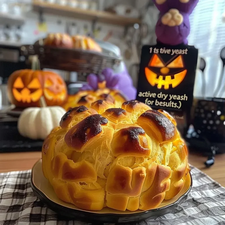 ['Pão de Brimstone decorado para o Halloween, com uma crosta dourada.', 'Close-up de um pão de Halloween, com cor avermelhada e textura apetitoso.', 'Pão de Brimstone, mostrando sua cor vibrante e aspecto delicioso.', 'Detalhe do Pão de Brimstone, ideal para festas de Halloween.']