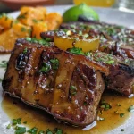 ['Perna de peru assada com mostarda e mel, acompanhada de batatas.', 'Close-up de perna de peru dourada, com laranja e temperos.', 'Prato de perna de peru assada, decorada com cebolinhas e laranja.', 'Imagem de perna de peru suculenta, assada com molho de mostarda e mel.']