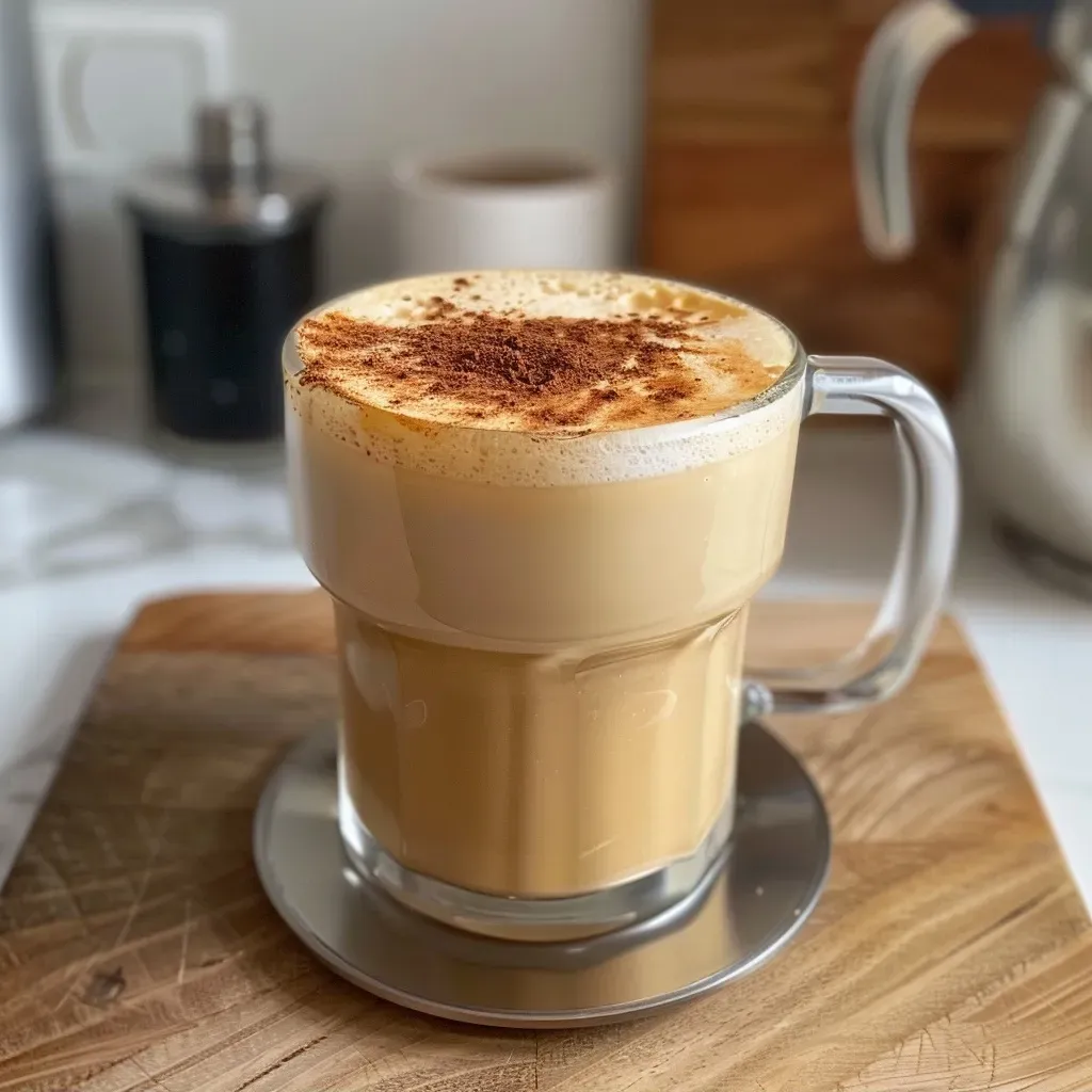 Close up de uma xícara de Protein Latte com espuma cremosa.