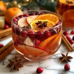 ['Close-up de um punch de cranberry quente com frutas e especiarias.', 'Bebida quente de cranberry em uma jarra com ingredientes frescos ao redor.', 'Punch de cranberry no vidro, decorado com fatias de laranja e canela.', 'Vista lateral de um punch quente com cranberries e especiarias.']