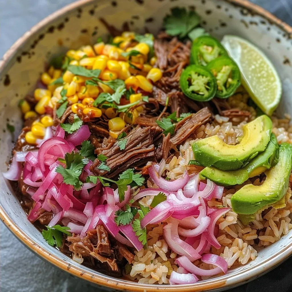 Bowl de Barbacoa com arroz, abacate e milho.
