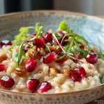 ['Risotto cremoso com melagrana e gorgonzola em uma tigela.', 'Close-up de risotto com gorgonzola e grãos de melagrana.', 'Risotto al succo di melagrana decorado com arilos.', 'Prato de risotto cremoso com ingredientes frescos.']