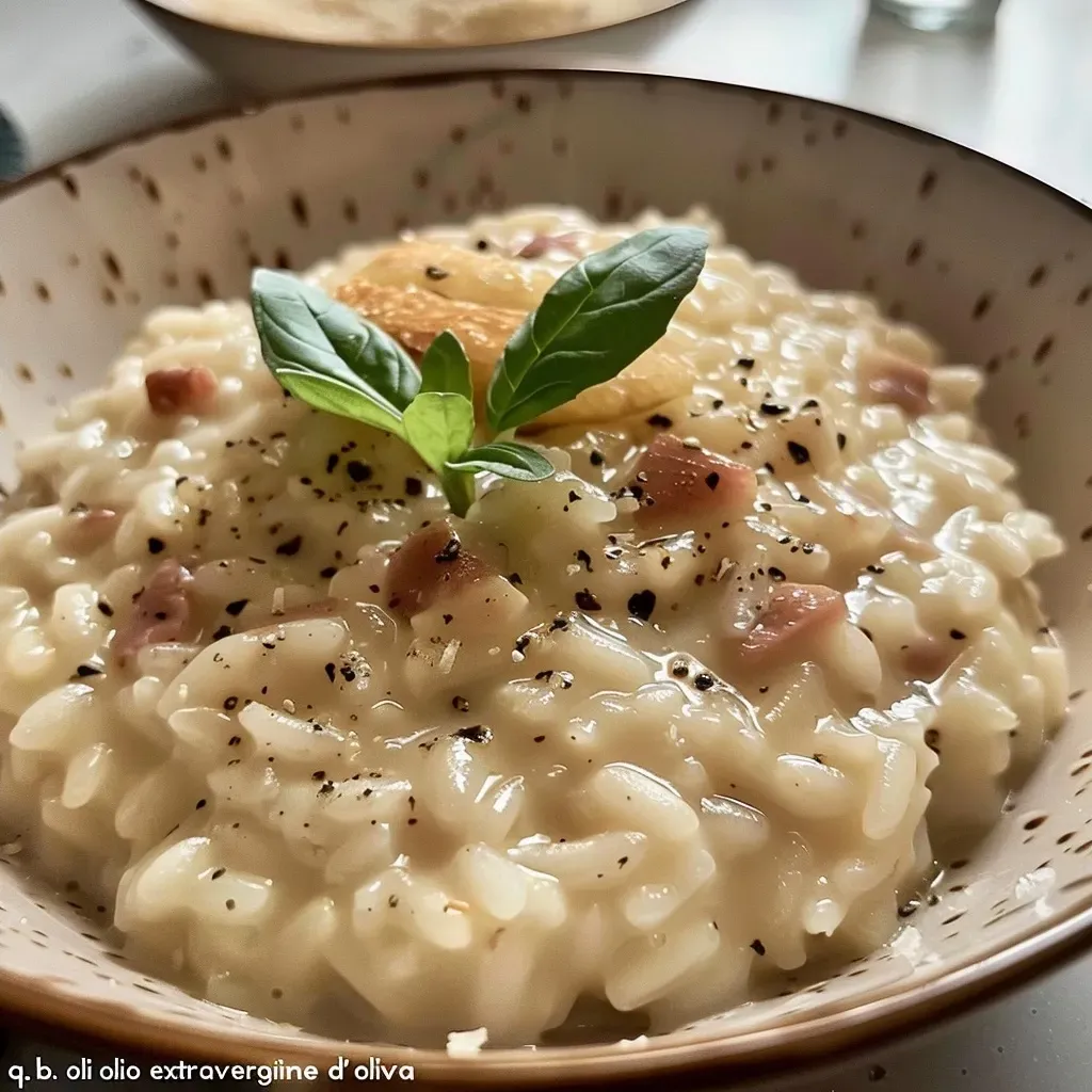 Risotto cremoso com melagrana e gorgonzola em uma tigela.
