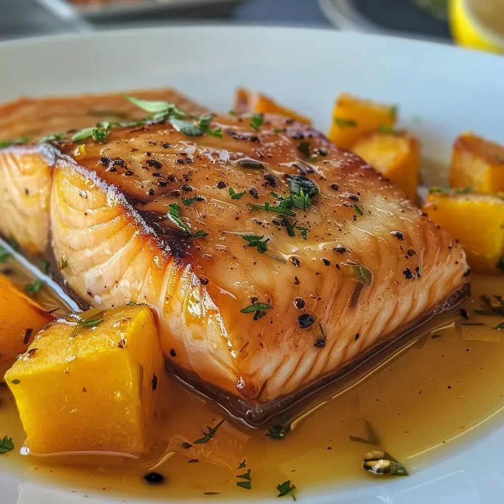 Prato de salmão grelhado com purê de abóbora ao lado.