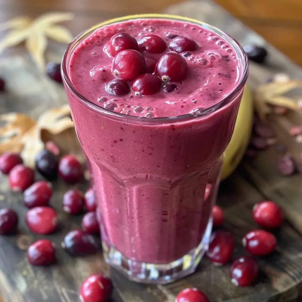 ['Smoothie de cranberry em um copo transparente, com textura cremosa.', 'Close-up de um smoothie refrescante de cranberry, com pedaços de fruta.', 'Bebida de cranberry em um copo, adornada com frutas vermelhas.', 'Smoothie cremoso de cranberry, com cor vibrante e consistência espessa.']