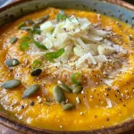 ['Sopa de abóbora butternut cremosa em um recipiente, com pedacinhos de queijo e cebolinhas.', 'Close-up de sopa de abóbora butternut, mostrando a textura e os ingredientes frescos.', 'Tigela de sopa de abóbora butternut com sementes de abóbora por cima, pronta para servir.', 'Sopa de abóbora butternut proteica com fatias de pão ao lado, em uma mesa bem decorada.']