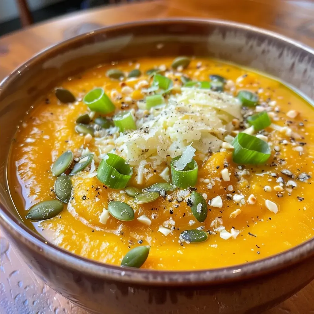 Sopa de abóbora butternut cremosa em um recipiente, com pedacinhos de queijo e cebolinhas.