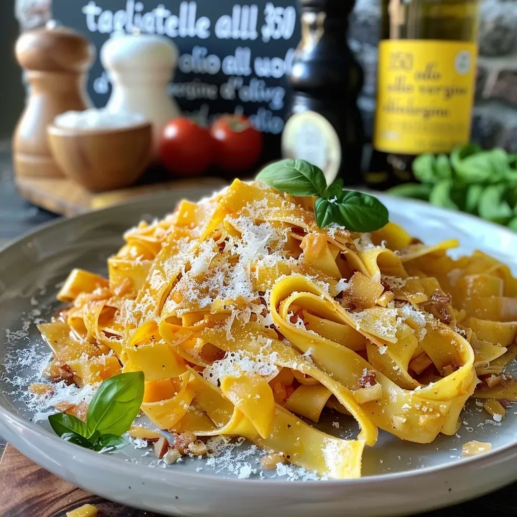 Prato de tagliatelle com alho, nozes e ervas.