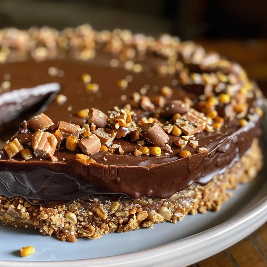 Tarte de chocolate e caramelo com camada de cereais.