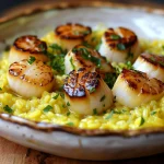 ['Risotto cremoso com vieiras e açafrão em um prato.', 'Close de risotto decorado com vieiras e ervas frescas.', 'Prato de risotto de vieiras com toque de açafrão.', 'Risotto de açafrão com vieiras, em destaque.']