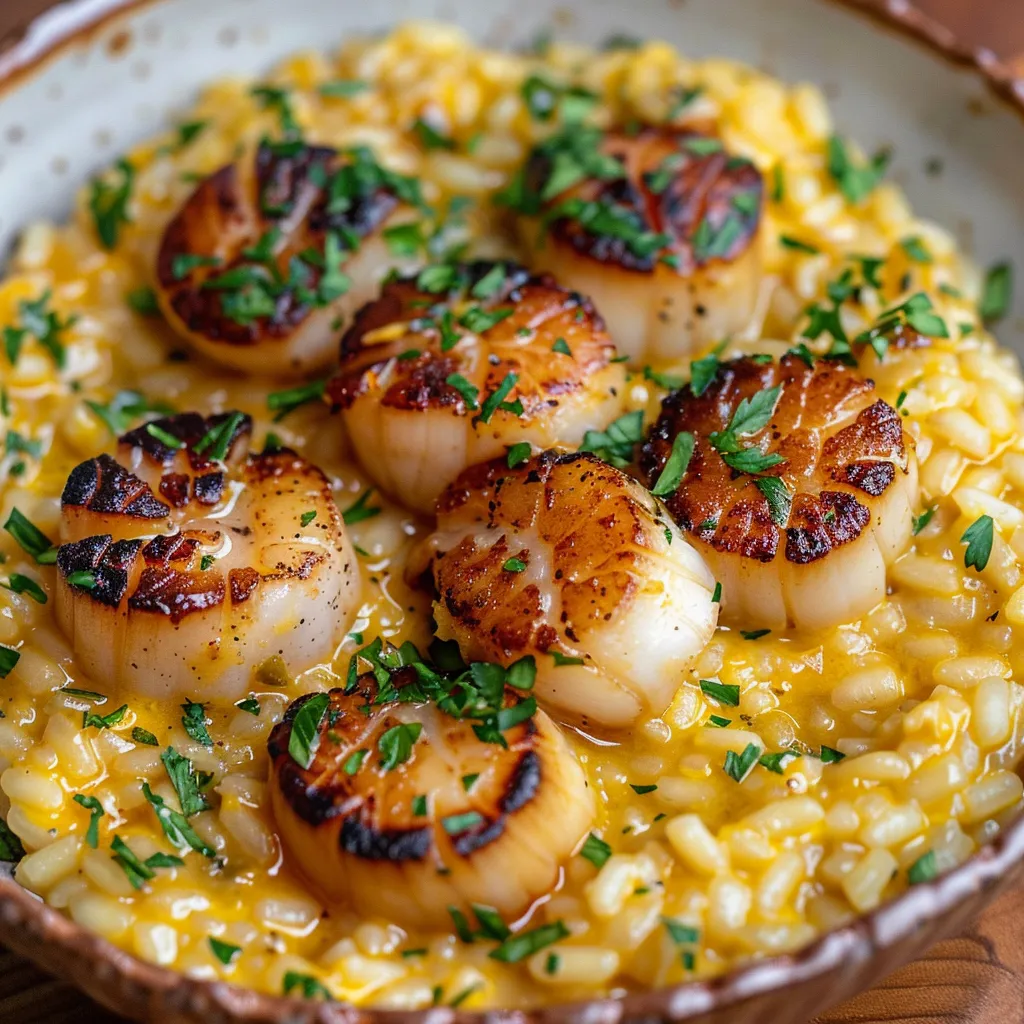 Risotto cremoso com vieiras e açafrão em um prato.