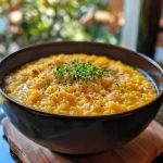 ['Risoto de abóbora cremoso com vieiras grelhadas.', 'Close-up de um prato de risoto de abóbora com vieiras.', 'Risoto de abóbora decorado com vieiras suculentas.', 'Prato de risoto de abóbora acompanhado de vieiras douradas.']