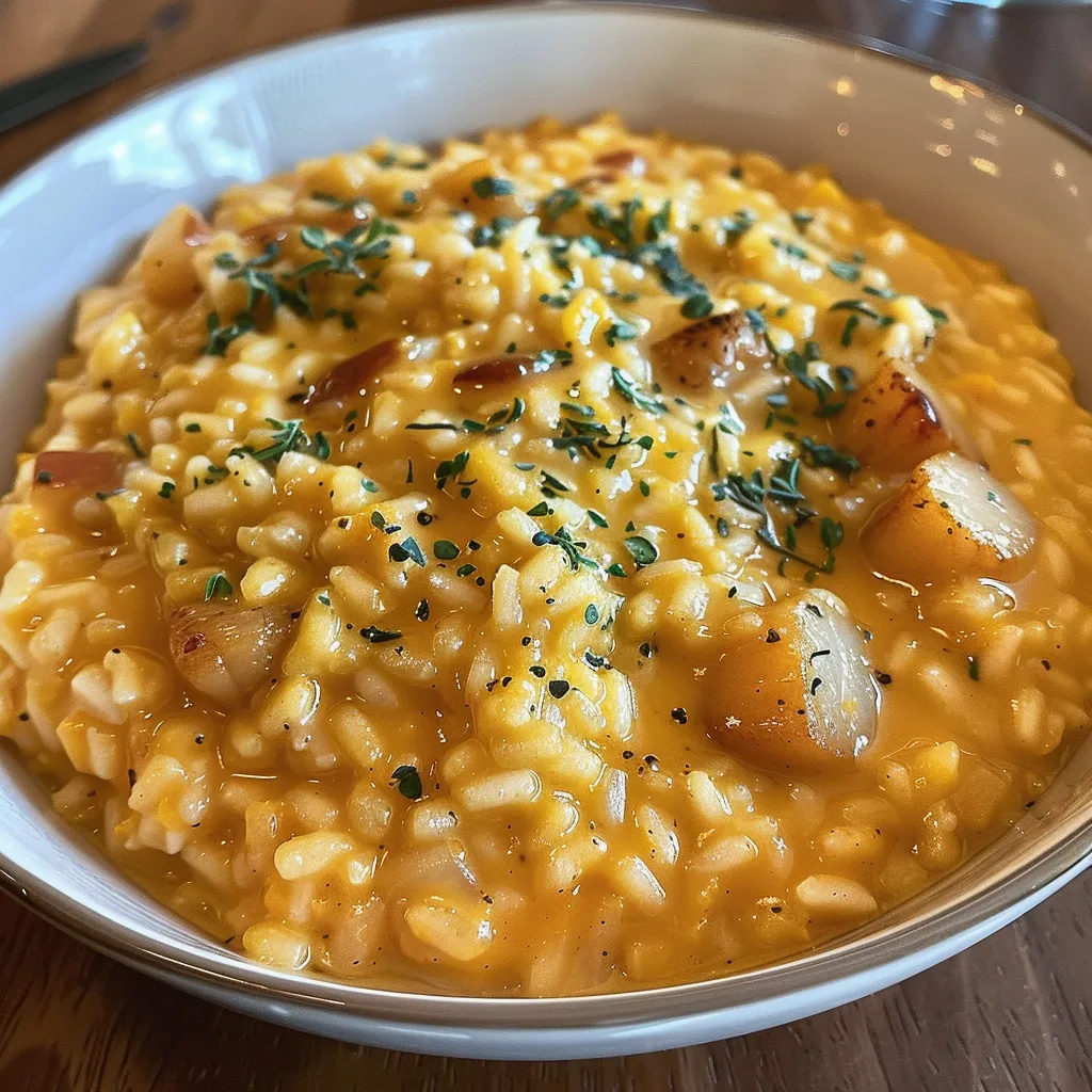 Risoto de abóbora cremoso com vieiras grelhadas.