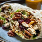 ['Wrap de salada de frango com cranberries e nozes em close.', 'Salada de frango com cranberries e nozes em um wrap delicioso.', 'Vista lateral de um wrap recheado com salada de frango e ingredientes frescos.', 'Wrap suculento de salada de frango, cranberries e nozes.']
