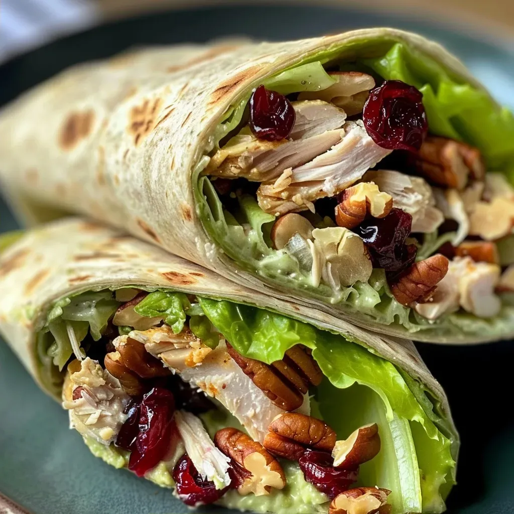 Wrap de salada de frango com cranberries e nozes em close.